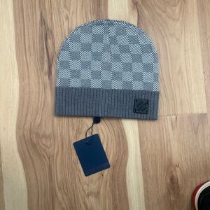Louis Vuitton Grey Check Knit Beanie with Ribbed Cuff